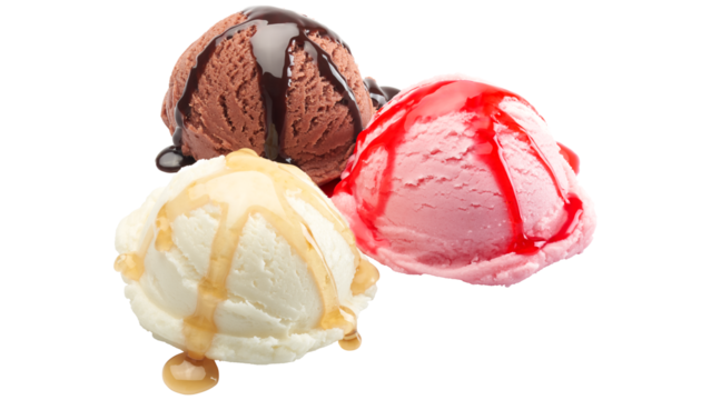 ice cream scoops, three ice cream flavors, assorted ice cream, vanilla ice cream, strawberry ice cream, chocolate ice cream, ice cream balls, melting ice cream, dessert scoops, sweet dessert, frozen d