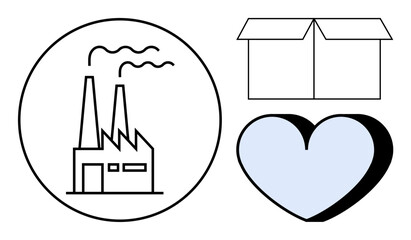 Factory with smokestacks in a circle, open box, and shaded heart shape. Ideal for concepts of manufacturing, distribution, care, sustainability, eco-friendliness, responsibility and supply chain
