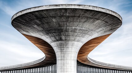Futuristic Modern Bridge Structure with Curved Design and Concrete and Wooden Elements