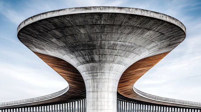 Futuristic Modern Bridge Structure with Curved Design and Concrete and Wooden Elements
