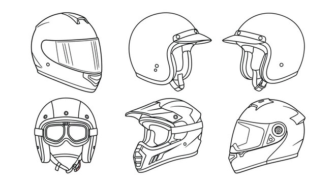 Line art illustration of various motorcycle and racing helmet designs