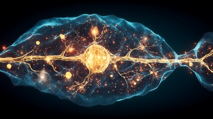 Digital Illustration of Neural Network Synapse in Bright Gold and Blue Colors