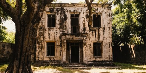Abandoned House with Broken Windows Surrounded by Vibrant Greenery