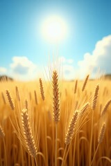 Fototapeta premium Golden Wheat Field Under a Bright Blue Sky on a Sunny Day.