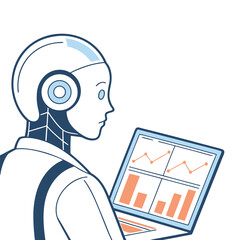 Robot analyzing financial data on laptop artificial intelligence for market predictions