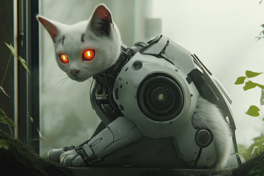 Futuristic robotic cat with glowing eyes