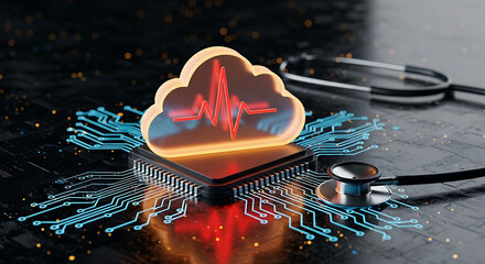 Digital healthcare infrastructure with secure cloud data and real-time medical monitoring on an advanced circuit board.