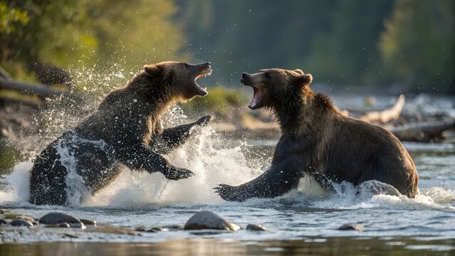 two bear in water fighting with each other