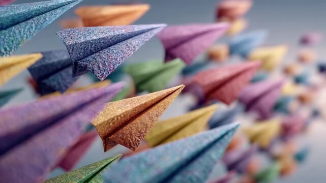Colorful paper airplanes in dynamic flight formation