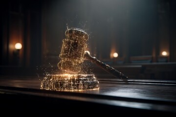 Digital Gavel and Sound Block in Courtroom with Sparkling Gold Effect
