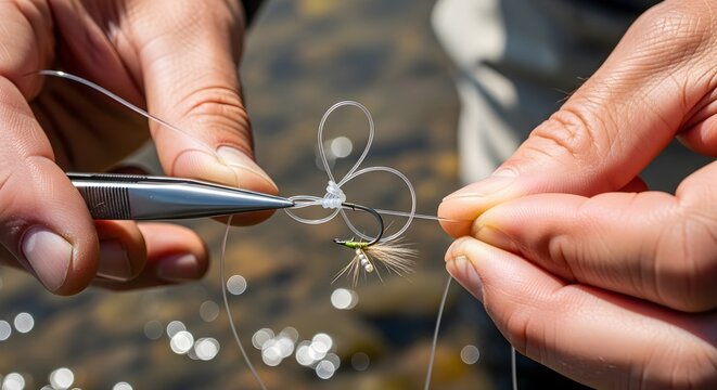 Closeup of hands tying a fishing fly onto a line with forceps