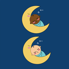 Cute Sleeping Newborn Babies on Crescent Moon: Diverse Skin Tones with Nighttime Lullaby Concept Vector Illustration