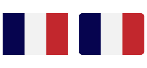 Flag of France. Flag icon in standard colour and size. Rectangular France flag. France flag in round and heart shapes. Vector illustrator.
