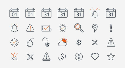 A versatile set of thin line icons for user interface design, including calendar, weather, notification, and alert symbols for web and mobile applications