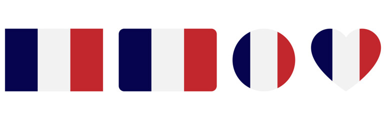 Flag of France. Flag icon in standard colour and size. Rectangular France flag. France flag in round and heart shapes. Vector illustrator.