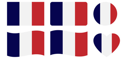  Flag of France. Flag icon in standard colour and size. Rectangular France flag. France flag in round and heart shapes. Vector illustrator.