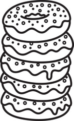 A tall stack of five handdrawn donuts with dripping icing and round sprinkles a black and white line drawing.