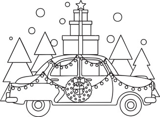 A vintage car decorated with Christmas lights and a wreath carrying a stack of gifts topped with a star on its roof presented as a line art coloring page.