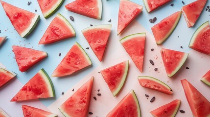 Vibrant and refreshing watermelon slices scattered artfully on a pastel background, creating a bright and summery fruit pattern perfect for healthy eating concepts