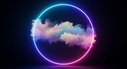 Neon circle with clouds and colorful light