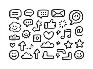 Hand Drawn Social Media Icons Set – Chat, Emojis, Arrows and Symbols