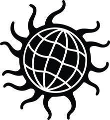 Stylized globe with radiating sun rays black vector icon illustration