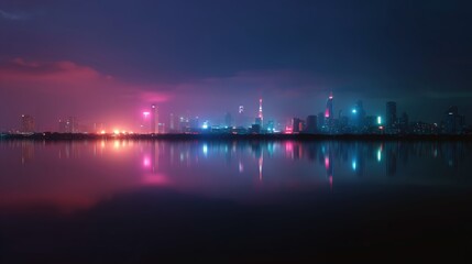 Night skyline view of a vibrant city reflecting in calm waters