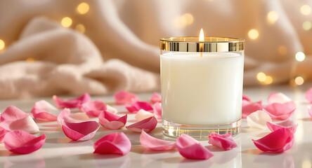 A lit scented candle surrounded by rose petals with soft bokeh lights in the background, creating a serene and romantic ambiance