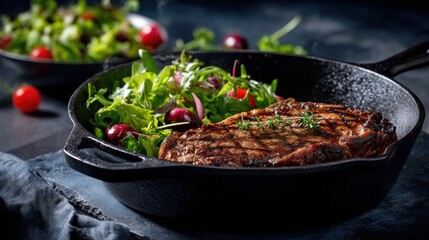 Grilled steak with salad in cast iron skillet