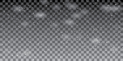 Vector snow falling from above. Snowfall on isolated transparent background. 