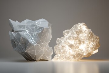 Abstract Geometric Cloud Forms with Glowing Network Lines Modern Digital Art