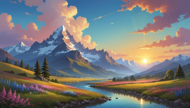 Pemandangan pegunungan yang menakjubkan dengan sungai saat matahari terbit