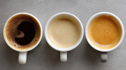 Three coffee cups, varying crema, aligned on a textured gray surface