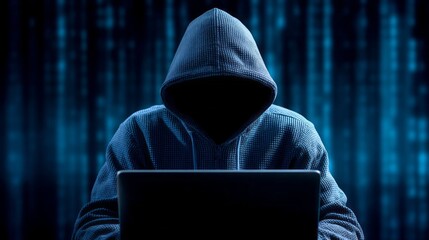Dressed in a dark hoodie, a hacker is deeply engaged with a laptop in a dimly lit space. The atmosphere is tense with digital patterns flickering in the background, suggesting illicit activity