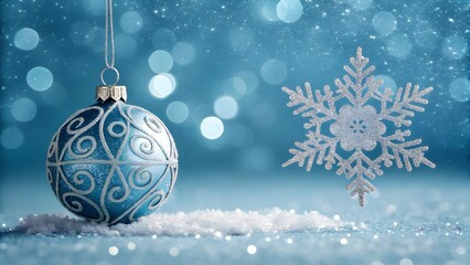 Deep Blue Winter: Sparkling Snowflake and Icy Christmas Bauble on a Glittering Snow Background"
"A Glimmering Winter Solstice: Serene Blue Christmas Ornament and Crystal Snowflake Art"