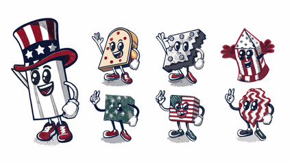 Celebrate Independence Day with these fun patriotic cartoon characters, perfect for event promotions and holiday designs