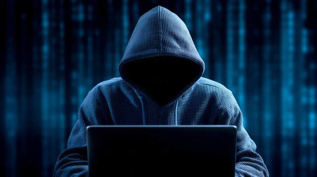 Dressed in a dark hoodie, a hacker is deeply engaged with a laptop in a dimly lit space. The atmosphere is tense with digital patterns flickering in the background, suggesting illicit activity