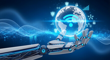A robotic arm holds a glowing globe with Wi-Fi and security icons against a futuristic blue background.
