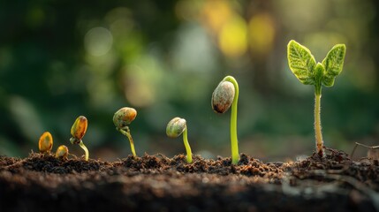 Seedling growth progression soil to plant, stages, bokeh background