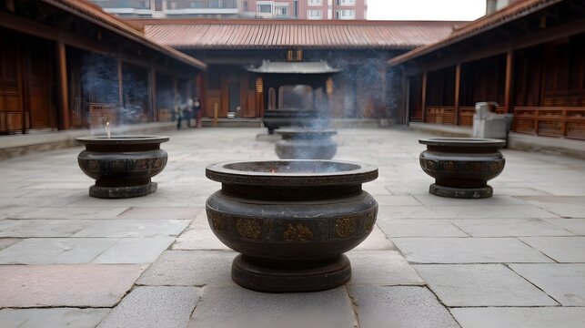 A traditional temple courtyard with ornate incense burners emitting smoke - Powered by Adobe