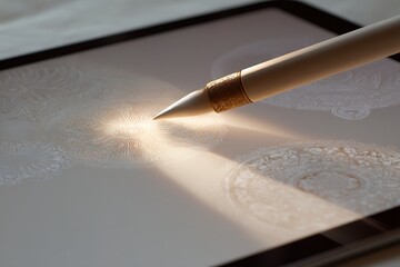 Stylus Pen Touching Intricate Digital Artwork on Screen in Bright Light