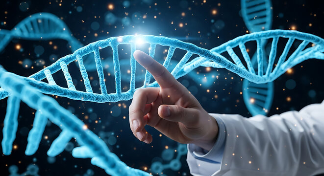 Medical professional's hand touches glowing dna helix, representing genetic research, biotechnology, and future medicine