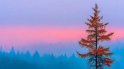 Colorful Autumn Tree Standing in Misty Forest During Sunset