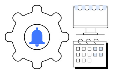 Gear with blue notification bell, monitor with tabs, and calendar grid. Ideal for scheduling, reminders, productivity, notifications, time management digital tools or teamwork. Simple flat metaphor