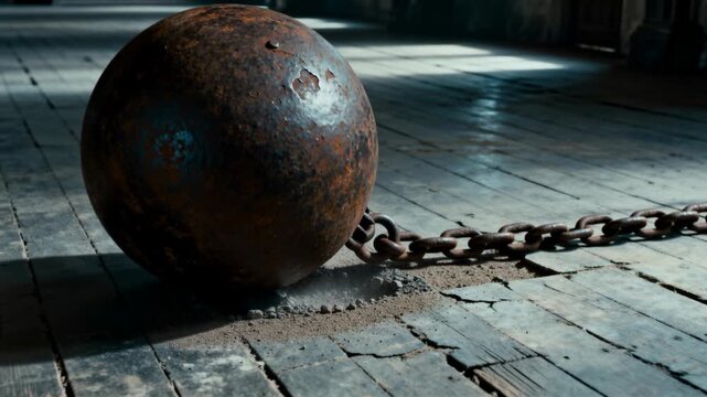 A rusty ball and chain is dragged heavily across a dusty wood floor.