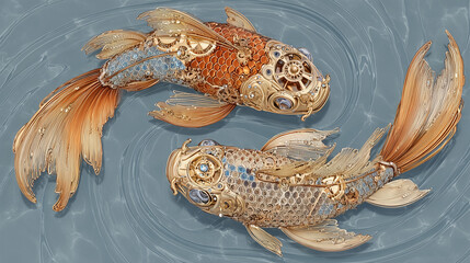 two beautiful Steampunk-themed Japanese Koi fish arranged in an elegant yin-yang formation, with one facing upward and the other turning downward in harmonious balance. 