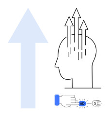 Digital advertising concept. Digital marketing with arrows growth and a click ad button monetization. For e-commerce, online strategy, SEO, targeting, analytics