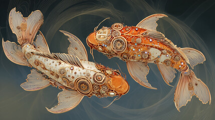 two beautiful Steampunk-themed Japanese Koi fish arranged in an elegant yin-yang formation, with one facing upward and the other turning downward in harmonious balance. 