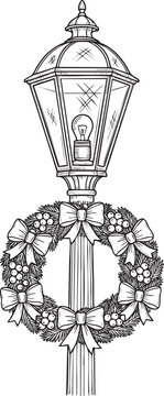 Vintage lamppost with a festive Christmas wreath bows and berries in a black and white line art style.