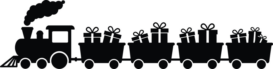 Black Silhouette Christmas Steam Train with Gift Boxes Carriages, Holiday Delivery and Celebration Symbol, Festive Vector Illustration, New Year Transportation Element.